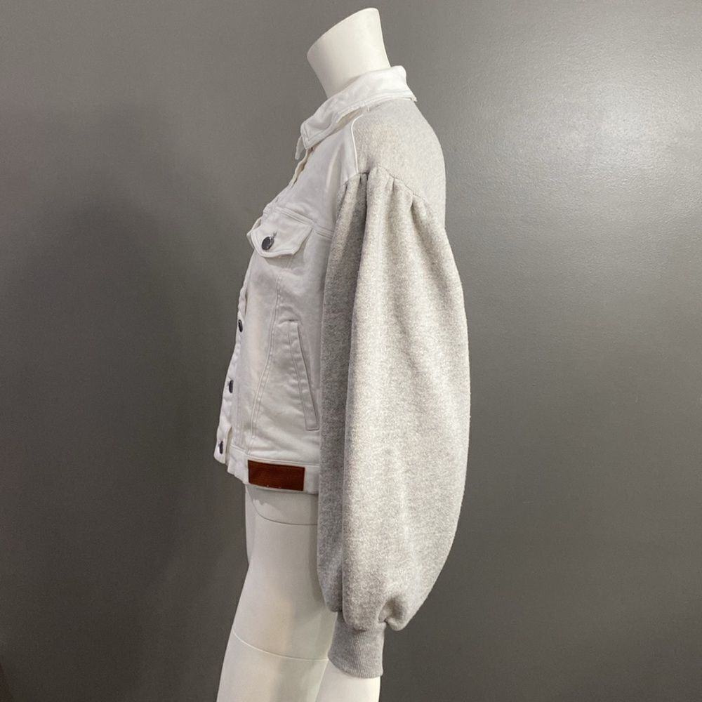 Peace Love World White/Gray Chic Denim Jacket Puff Gray Sleeve Oversized SZ XXS - Picture 5 of 16